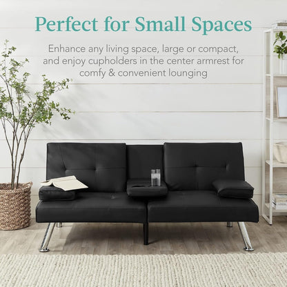 Best Choice Faux Leather Convertible Futon - Adjustable Sofa Bed with Removable Armrests, BlackÂ 