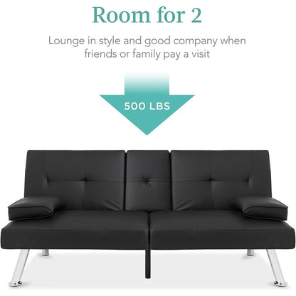 Best Choice Faux Leather Convertible Futon - Adjustable Sofa Bed with Removable Armrests, BlackÂ 