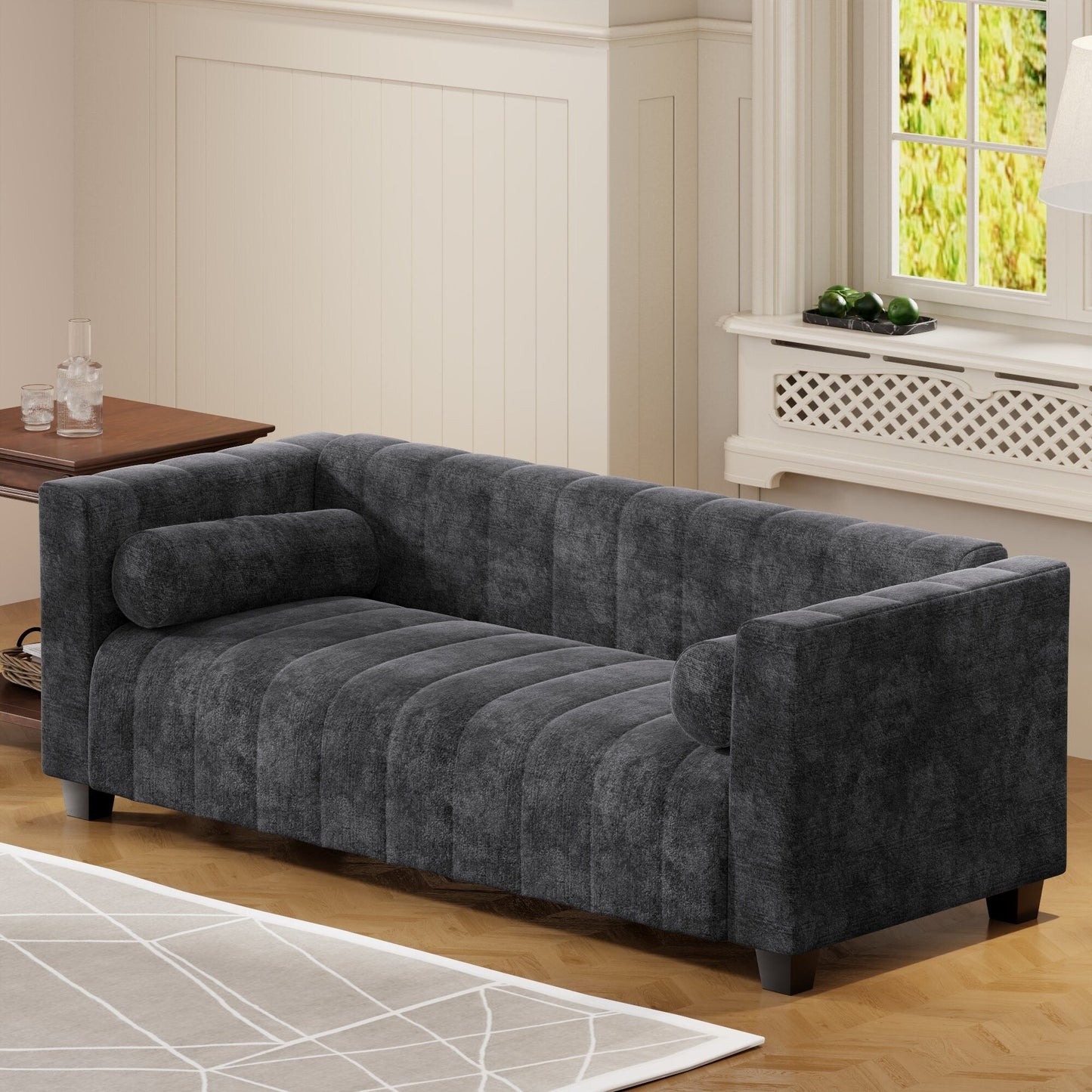 Black 78.7'' Chenille Upholstered 3-Seater Sofa with Extra-Large Seating and Removable Cushions