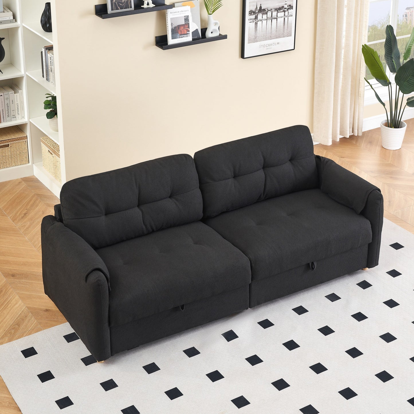 Black 79.50 Teddy Fabric Upholstered 3-seater Storage Sofa with Hidden Seat Storage for Living Room