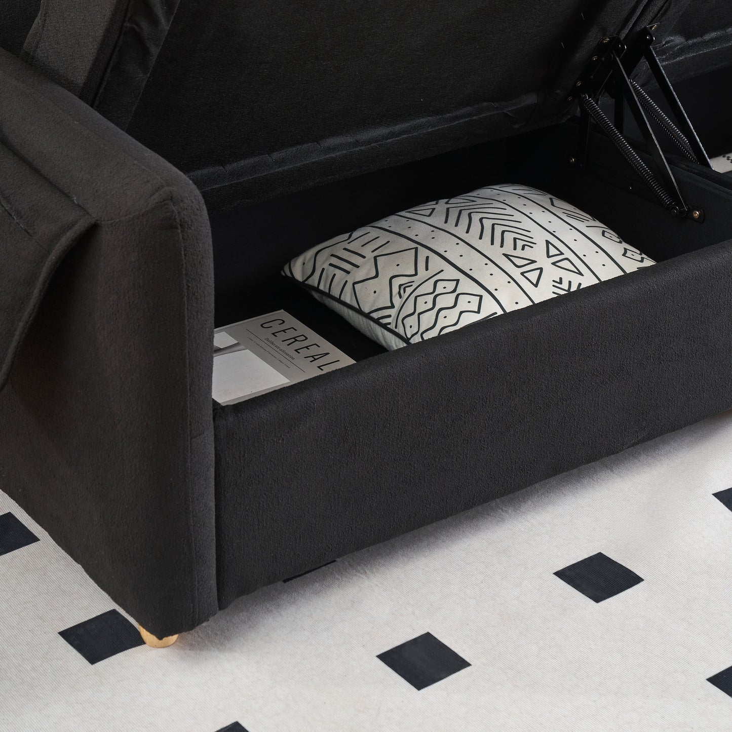 Black 79.50 Teddy Fabric Upholstered 3-seater Storage Sofa with Hidden Seat Storage for Living Room