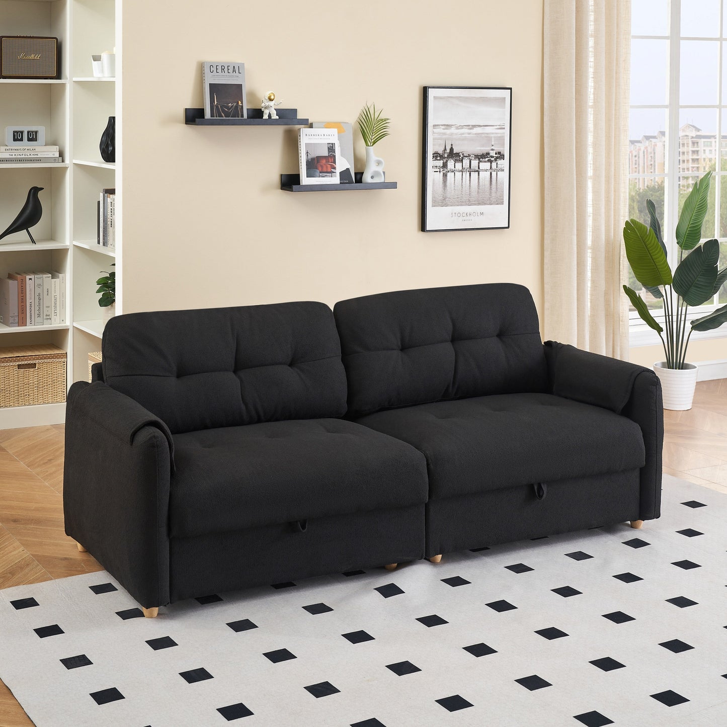 Black 79.50 Teddy Fabric Upholstered 3-seater Storage Sofa with Hidden Seat Storage for Living Room