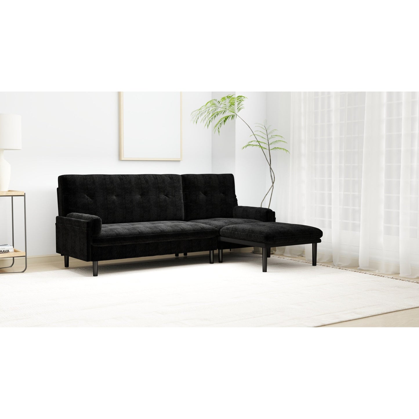 Black 80.7 Multi-Functional Adjustable Corduroy 3-seater Sofa, Convertible L-Shaped Sofa and Guest Bed
