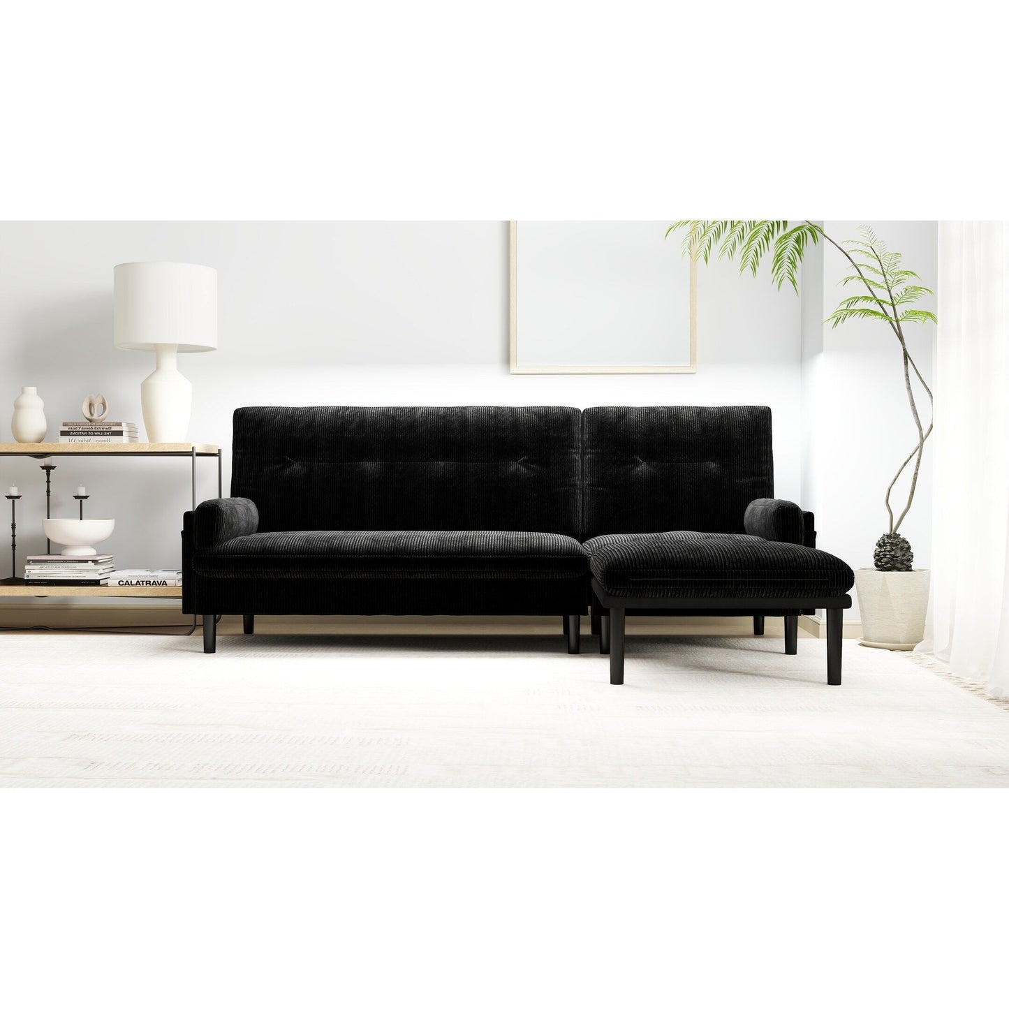 Black 80.7 Multi-Functional Adjustable Corduroy 3-seater Sofa, Convertible L-Shaped Sofa and Guest Bed