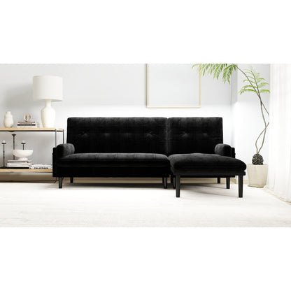 Black 80.7 Multi-Functional Adjustable Corduroy 3-seater Sofa, Convertible L-Shaped Sofa and Guest Bed