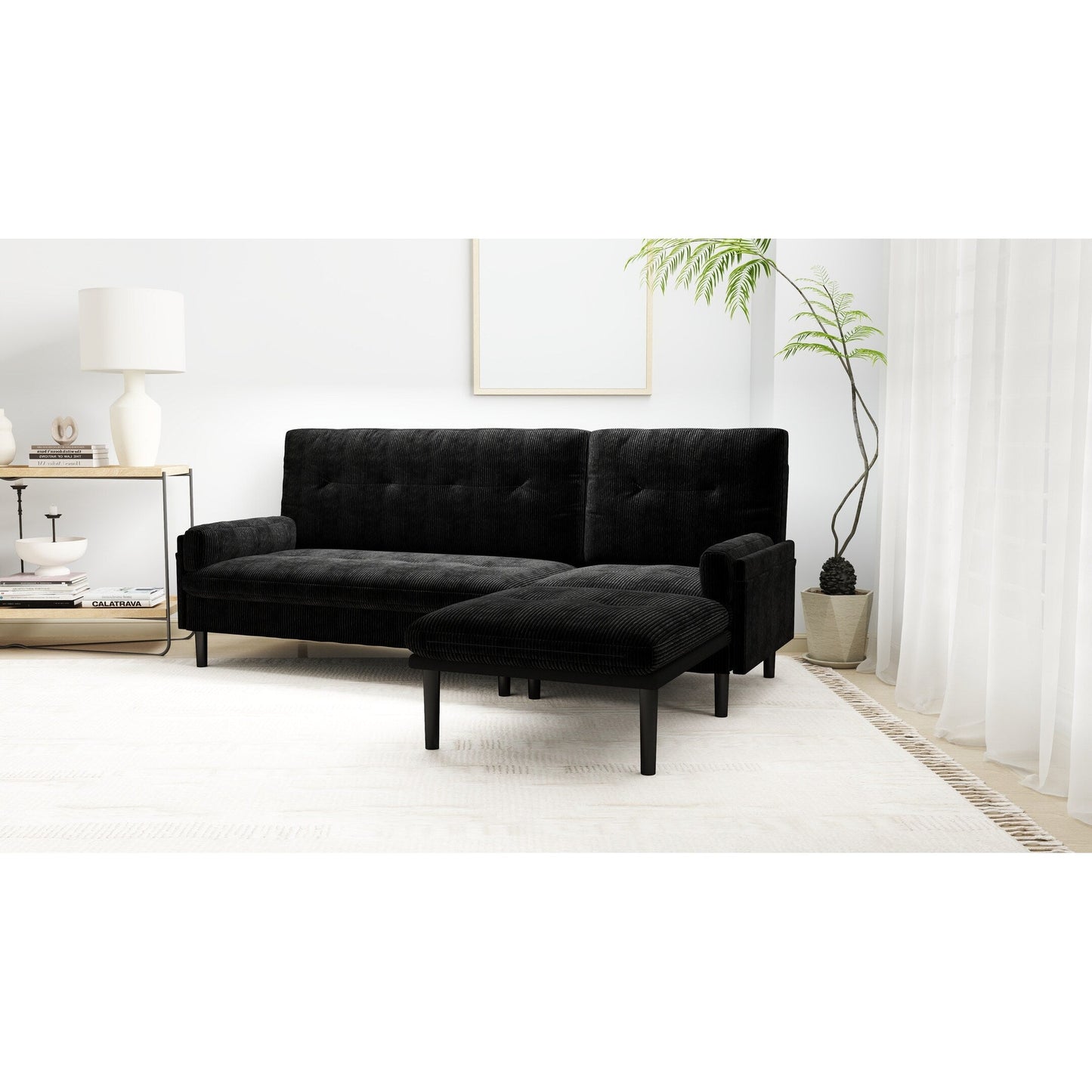 Black 80.7 Multi-Functional Adjustable Corduroy 3-seater Sofa, Convertible L-Shaped Sofa and Guest Bed