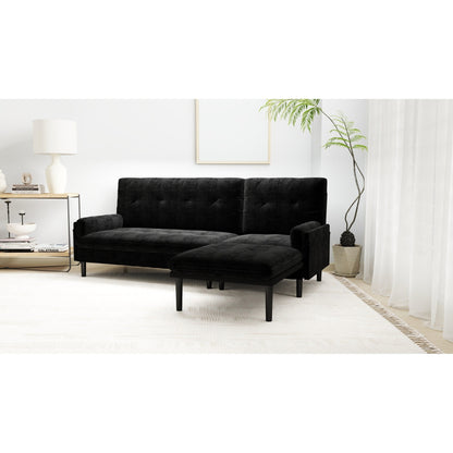 Black 80.7 Multi-Functional Adjustable Corduroy 3-seater Sofa, Convertible L-Shaped Sofa and Guest Bed
