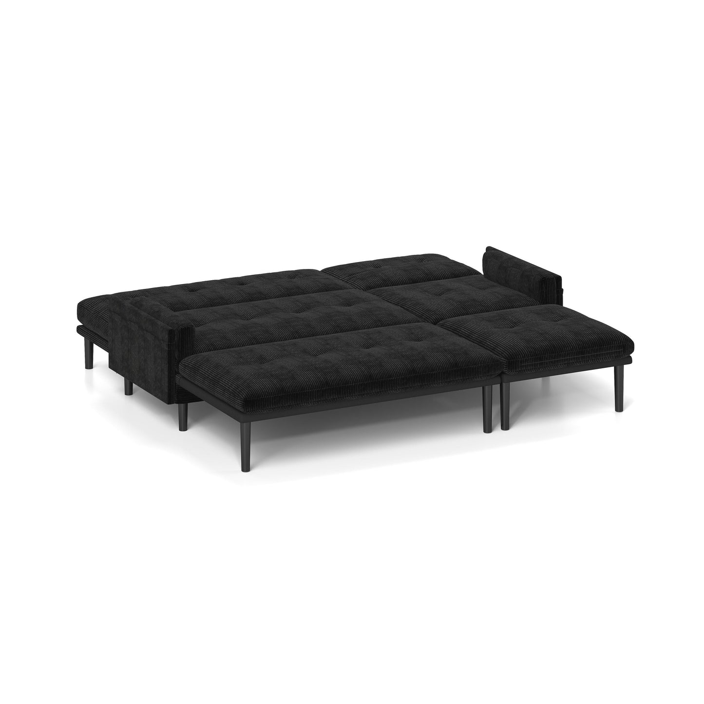 Black 80.7 Multi-Functional Adjustable Corduroy 3-seater Sofa, Convertible L-Shaped Sofa and Guest Bed