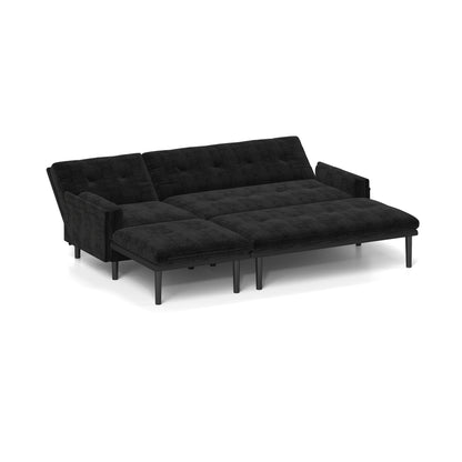 Black 80.7 Multi-Functional Adjustable Corduroy 3-seater Sofa, Convertible L-Shaped Sofa and Guest Bed