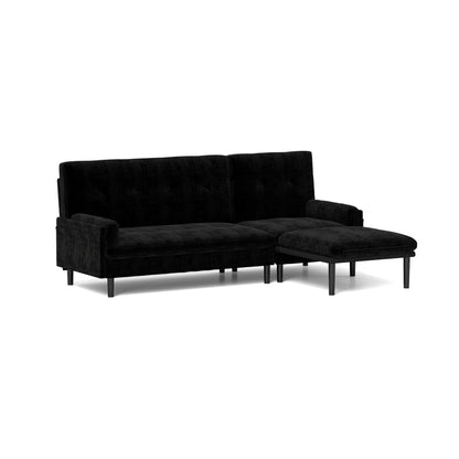 Black 80.7 Multi-Functional Adjustable Corduroy 3-seater Sofa, Convertible L-Shaped Sofa and Guest Bed