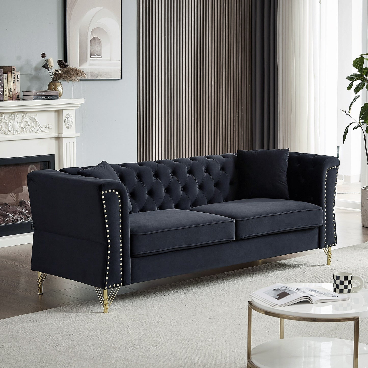 Black 81.8 Velvet 3-Seater Sofa with Nailhead Trim