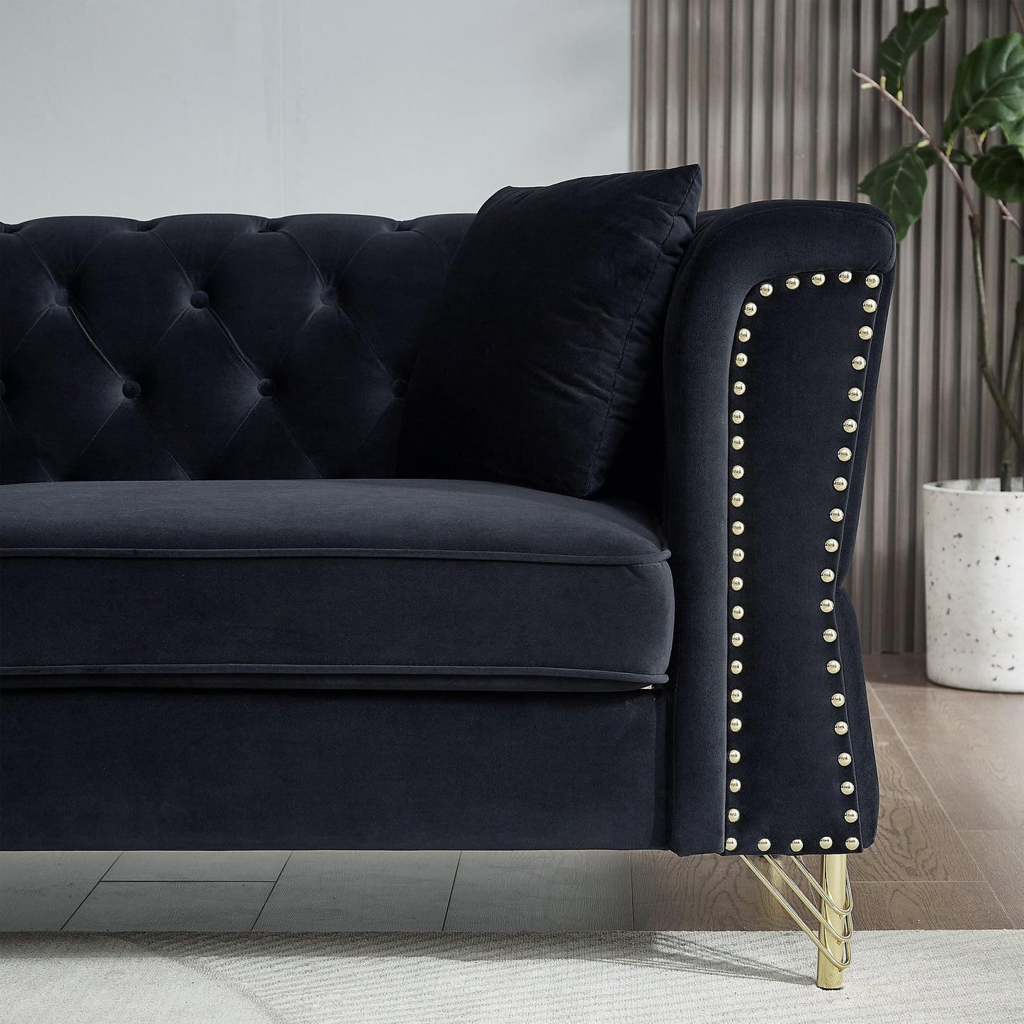Black 81.8 Velvet 3-seater Sofa with Tufted Couch and Metal Foot for Living Room