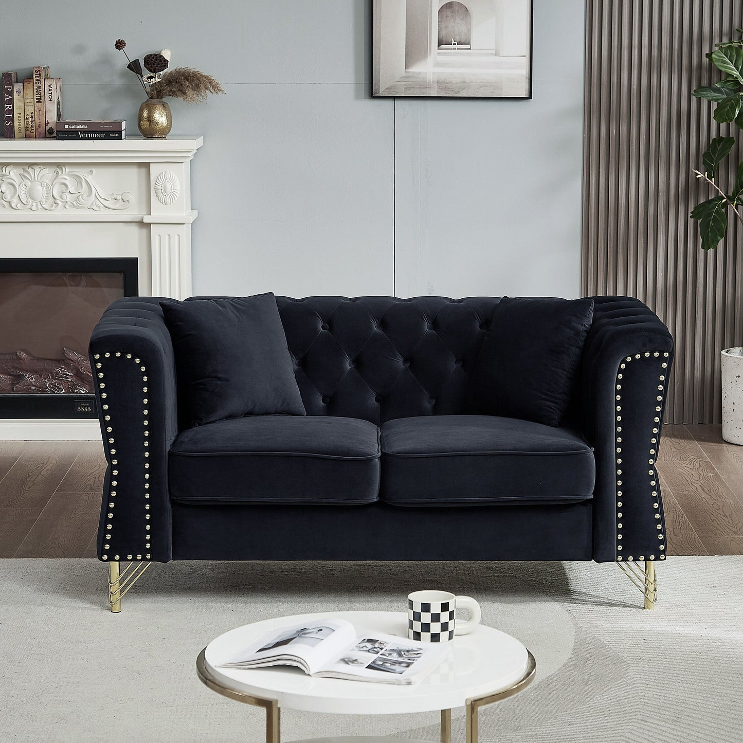 Black 81.8 Velvet 3-seater Sofa with Tufted Couch and Metal Foot for Living Room