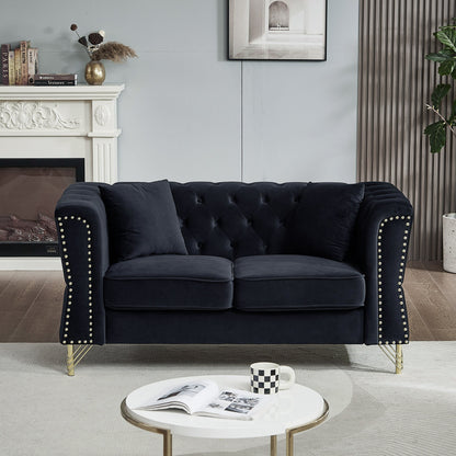 Black 81.8 Velvet 3-seater Sofa with Tufted Couch and Metal Foot for Living Room