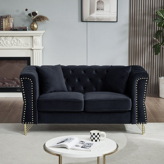 Black 81.8 Velvet 3-seater Sofa with Tufted Couch and Metal Foot for Living Room