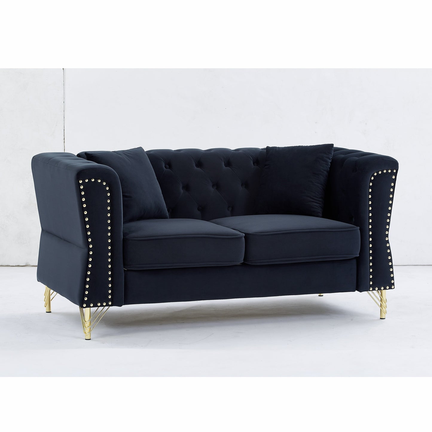 Black 81.8 Velvet 3-seater Sofa with Tufted Couch and Metal Foot for Living Room
