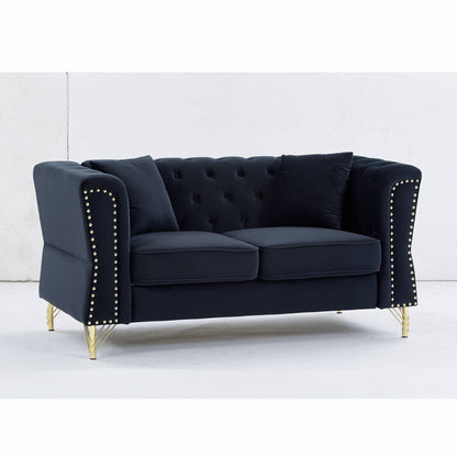 Black 81.8 Velvet 3-seater Sofa with Tufted Couch and Metal Foot for Living Room
