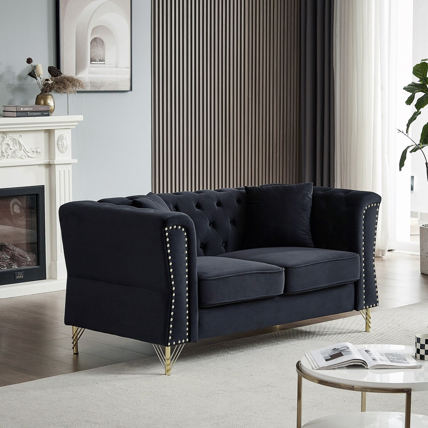 Black 81.8 Velvet 3-seater Sofa with Tufted Couch and Metal Foot for Living Room