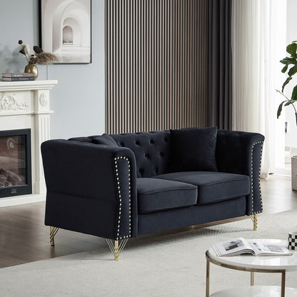 Black 81.8 Velvet 3-seater Sofa with Tufted Couch and Metal Foot for Living Room