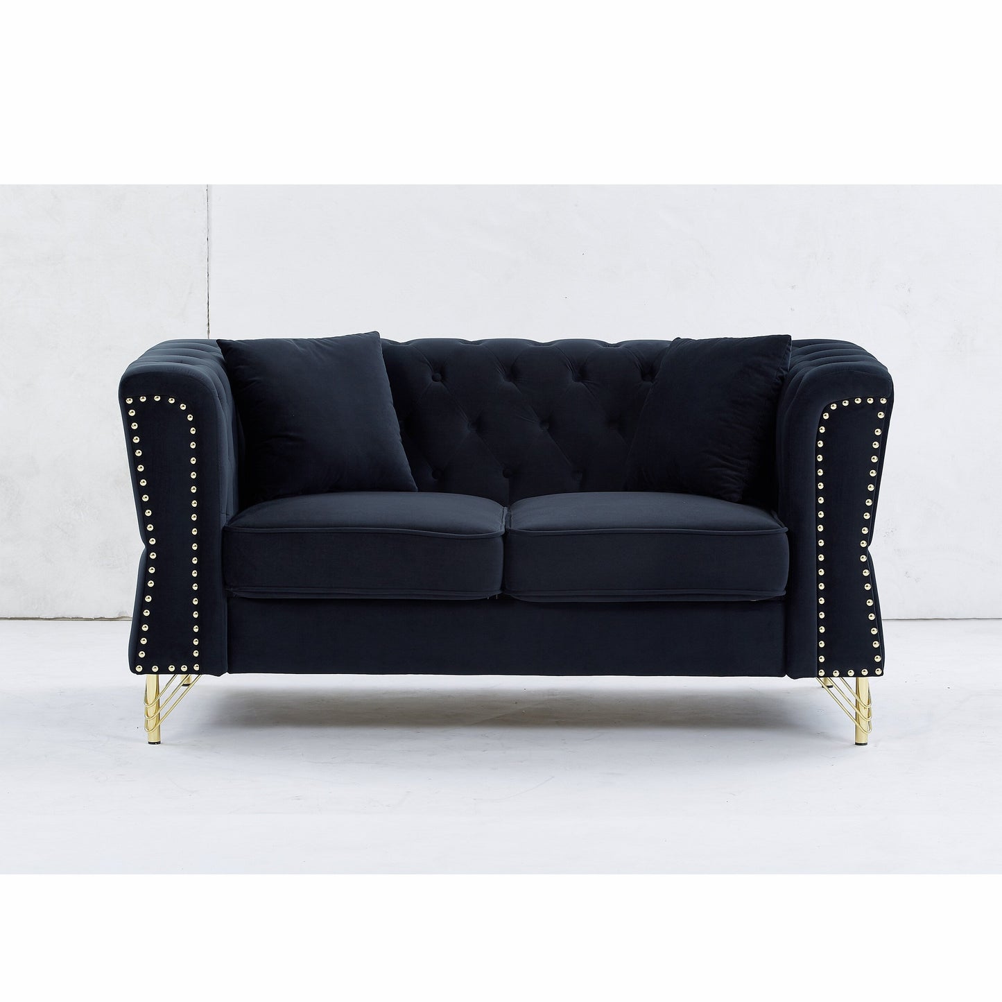 Black 81.8 Velvet 3-seater Sofa with Tufted Couch and Metal Foot for Living Room