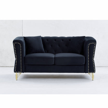Black 81.8 Velvet 3-seater Sofa with Tufted Couch and Metal Foot for Living Room