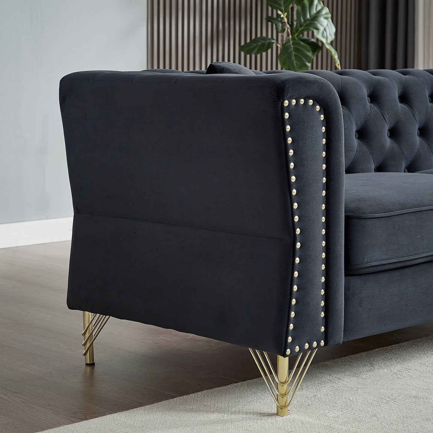 Black 81.8 Velvet 3-seater Sofa with Tufted Couch and Metal Foot for Living Room