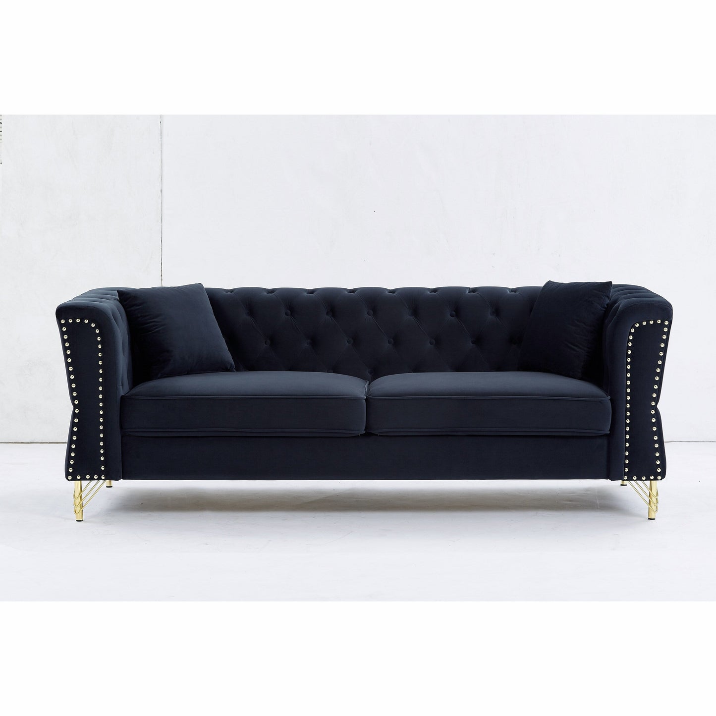Black 81.8 Velvet 3-seater Sofa with Tufted Couch and Metal Foot for Living Room