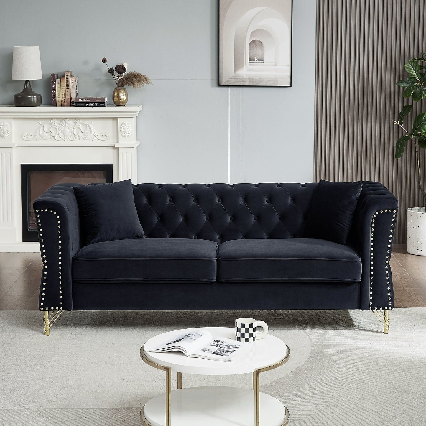 Black 81.8 Velvet 3-seater Sofa with Tufted Couch and Metal Foot for Living Room