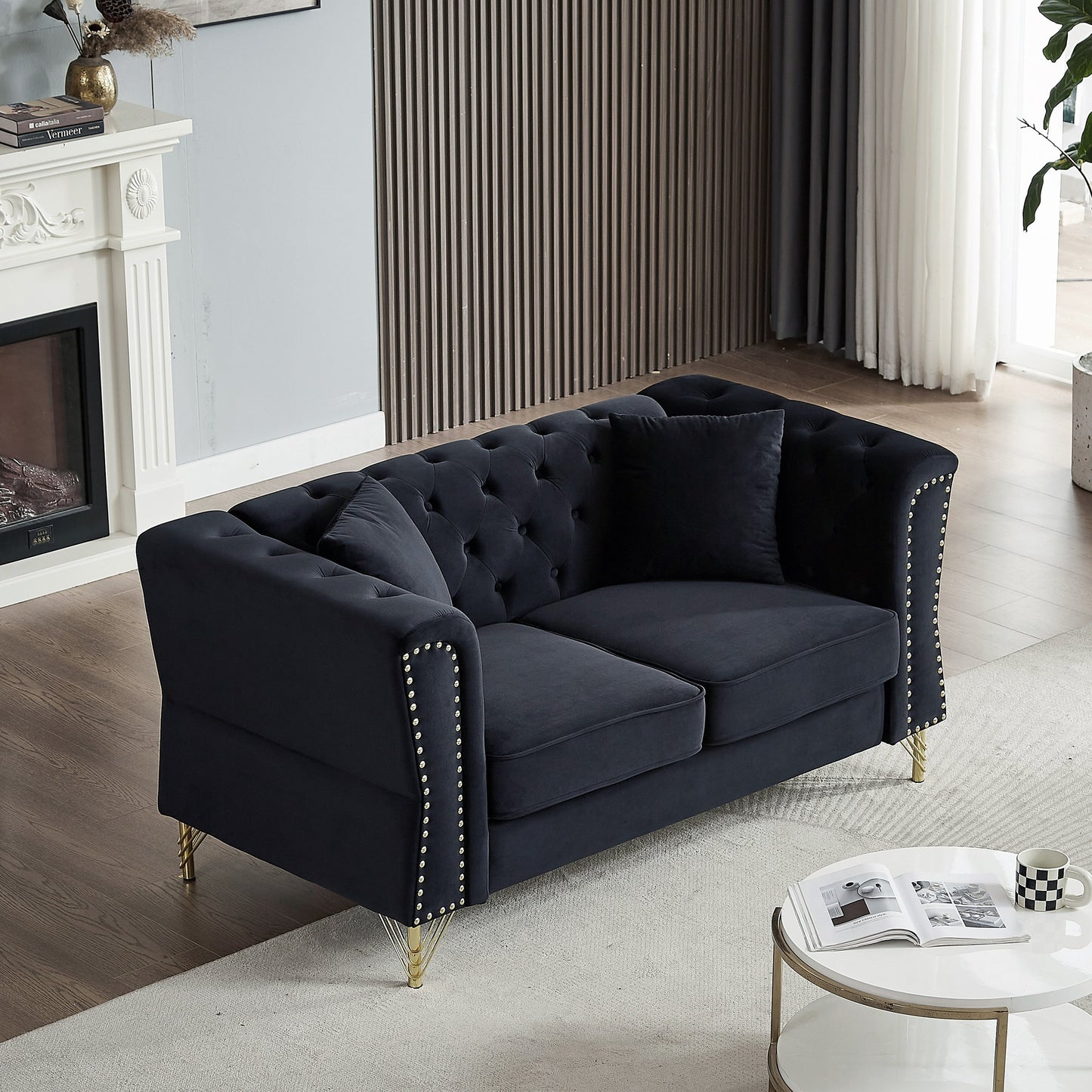 Black 81.8 Velvet 3-seater Sofa with Tufted Couch and Metal Foot for Living Room