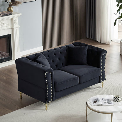 Black 81.8 Velvet 3-seater Sofa with Tufted Couch and Metal Foot for Living Room
