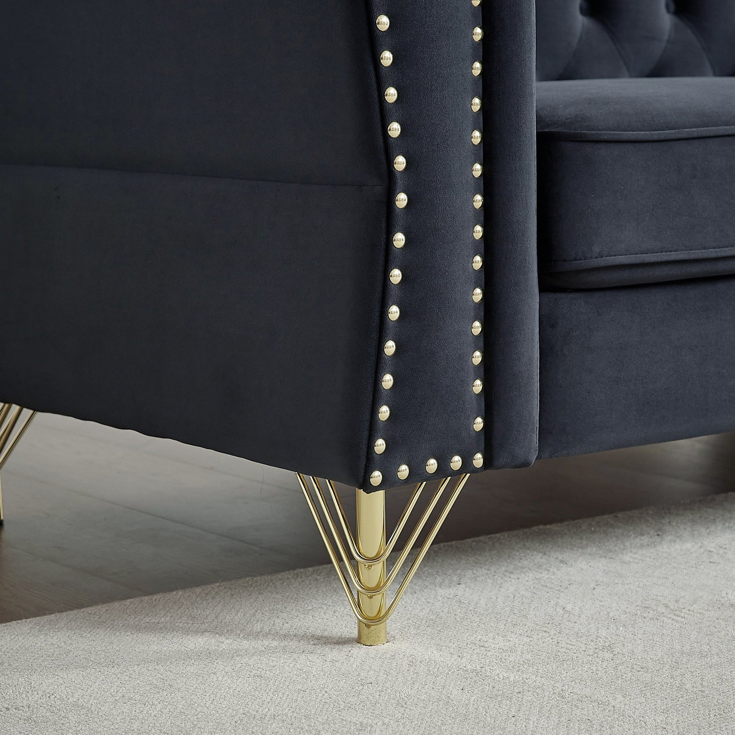 Black 81.8 Velvet 3-seater Sofa with Tufted Couch and Metal Foot for Living Room