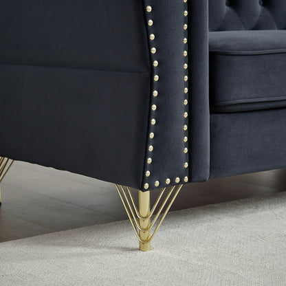Black 81.8 Velvet 3-seater Sofa with Tufted Couch and Metal Foot for Living Room
