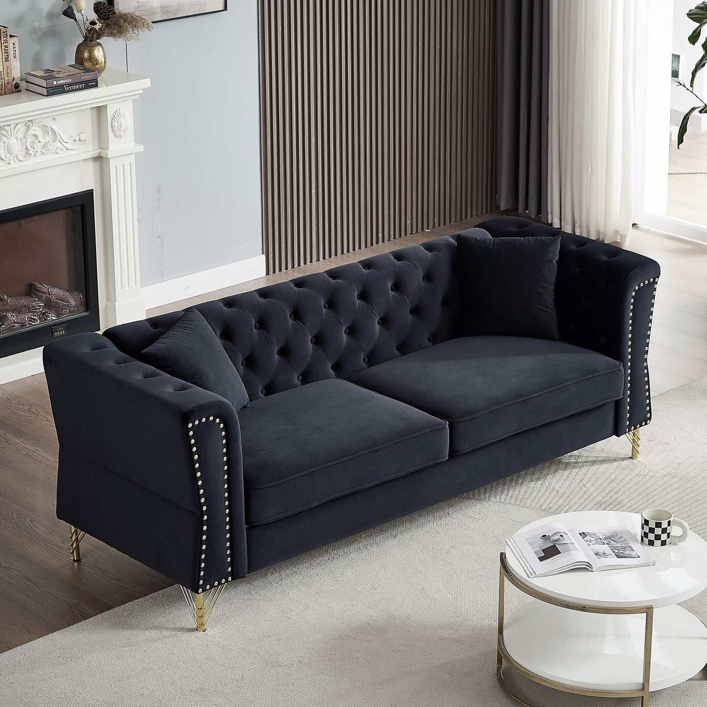 Black 81.8'' Velvet 3-Seater Sofa with Metal Feet, Nailhead Trim, and Foam Padding