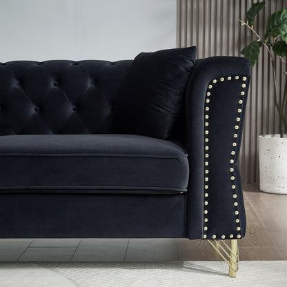 Black 81.8'' Velvet 3-Seater Sofa with Metal Feet, Nailhead Trim, and Foam Padding