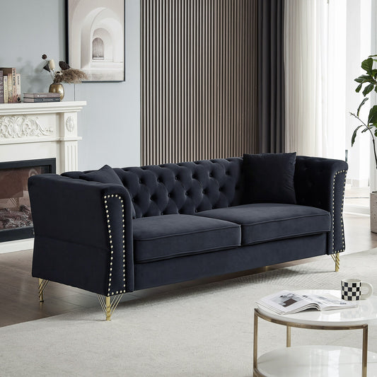 Black 81.8'' Velvet 3-Seater Sofa with Metal Feet, Nailhead Trim, and Foam Padding