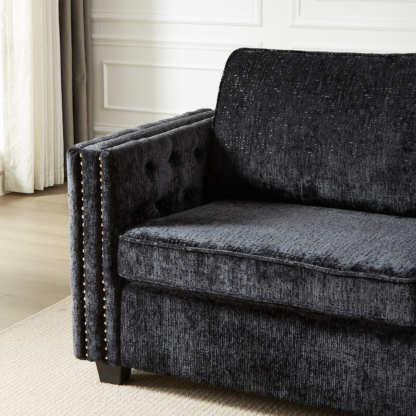Black 81 Chenille Nailheads 3-seater Sleeper Sofa with Memory Foam Mattress for Living Room