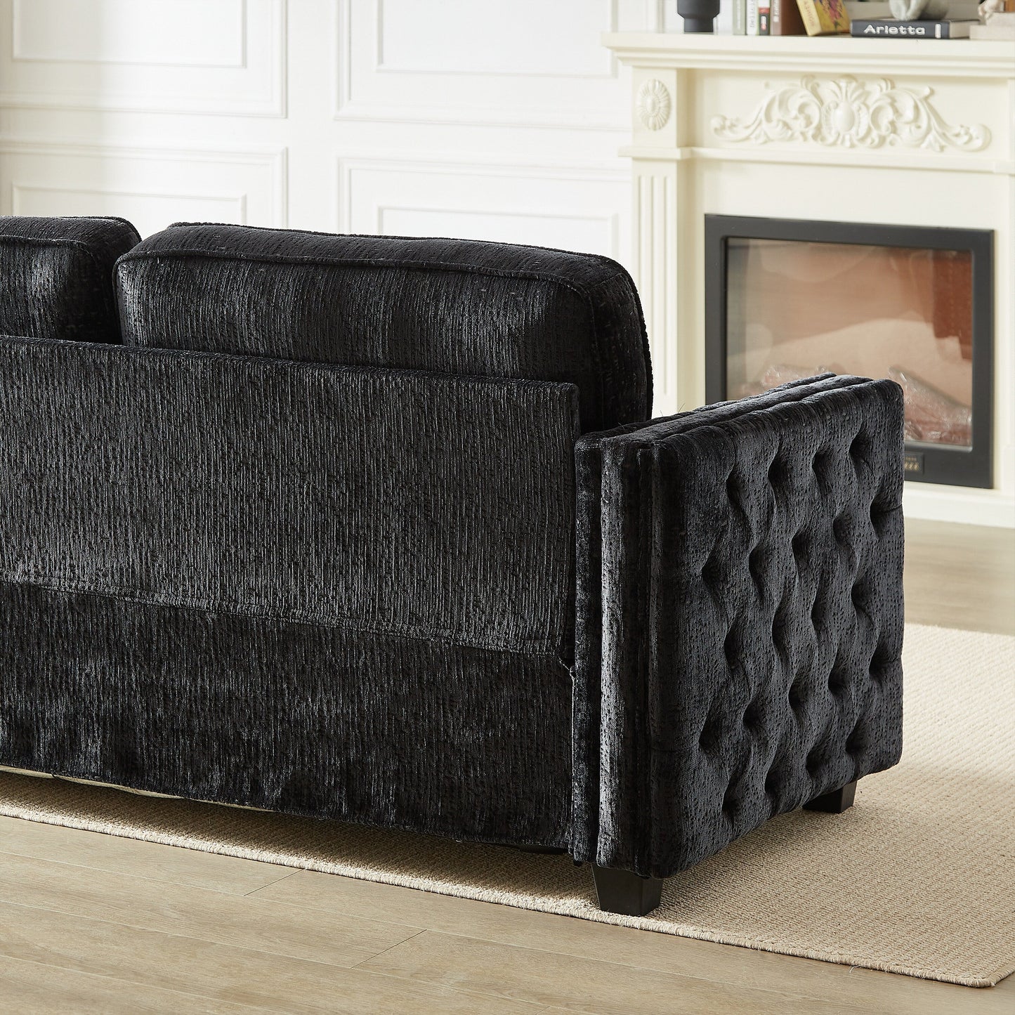 Black 81 Chenille Nailheads 3-seater Sleeper Sofa with Memory Foam Mattress for Living Room