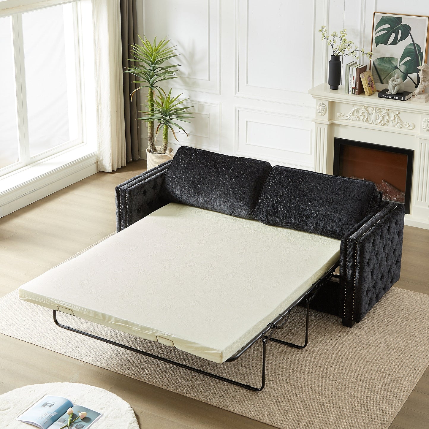Black 81 Chenille Nailheads 3-seater Sleeper Sofa with Memory Foam Mattress for Living Room