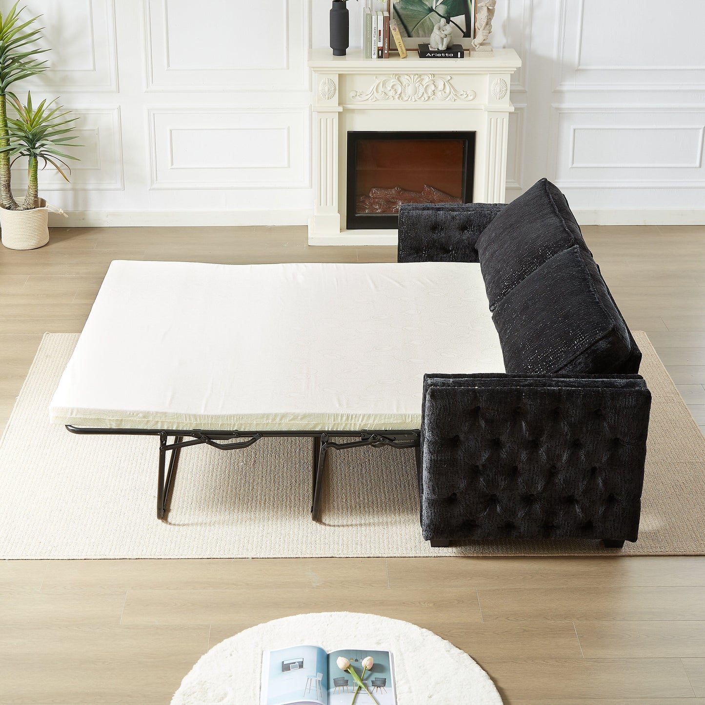 Black 81 Chenille Nailheads 3-seater Sleeper Sofa with Memory Foam Mattress for Living Room