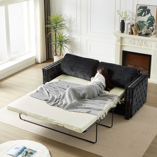 Black 81 Chenille Nailheads 3-seater Sleeper Sofa with Memory Foam Mattress for Living Room