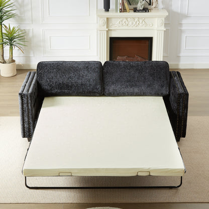 Black 81 Chenille Nailheads 3-seater Sleeper Sofa with Memory Foam Mattress for Living Room