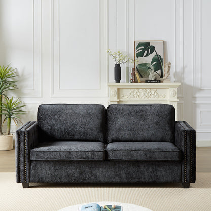 Black 81 Chenille Nailheads 3-seater Sleeper Sofa with Memory Foam Mattress for Living Room