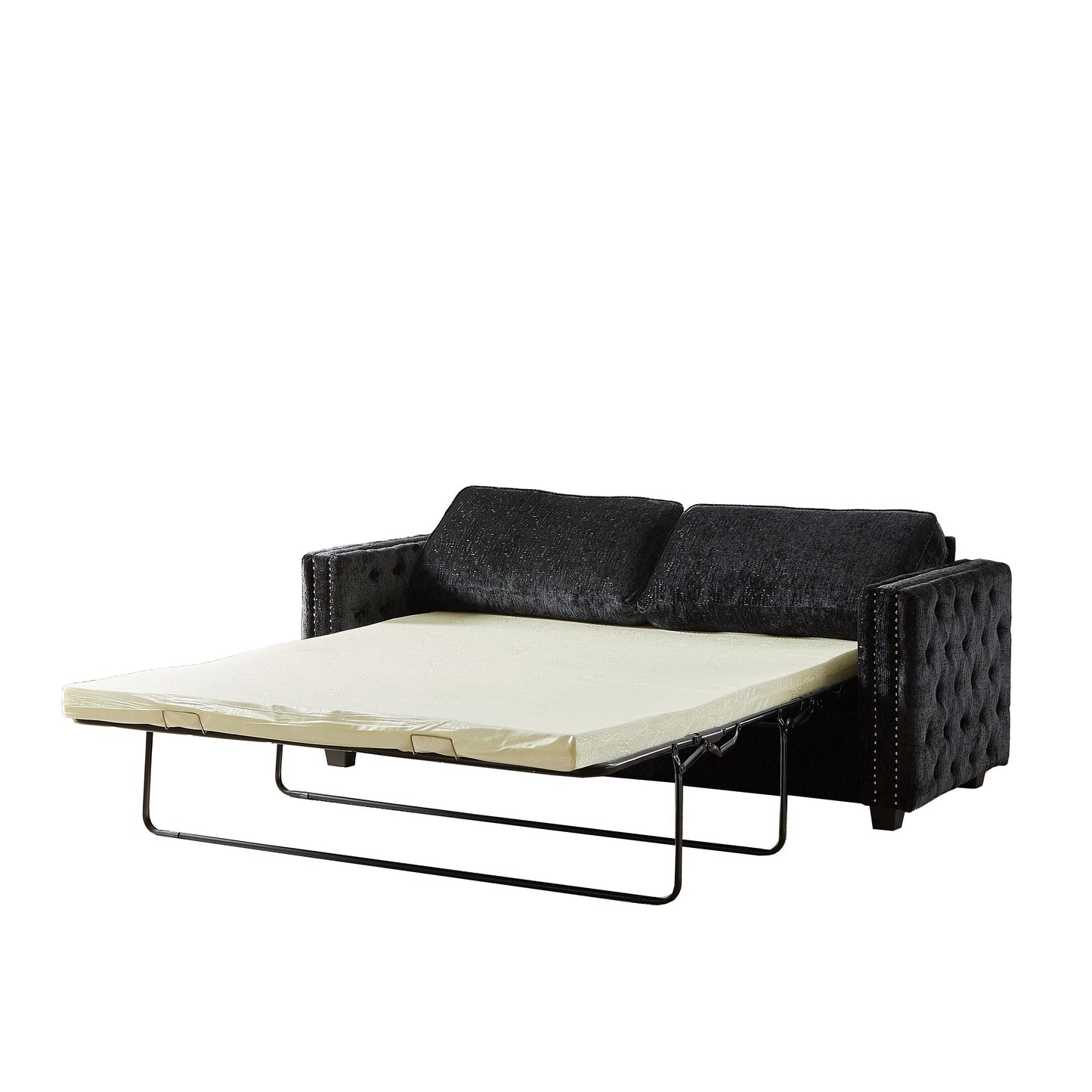 Black 81 Chenille Nailheads 3-seater Sleeper Sofa with Memory Foam Mattress for Living Room