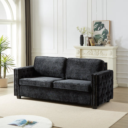 Black 81 Chenille Nailheads 3-seater Sleeper Sofa with Memory Foam Mattress for Living Room