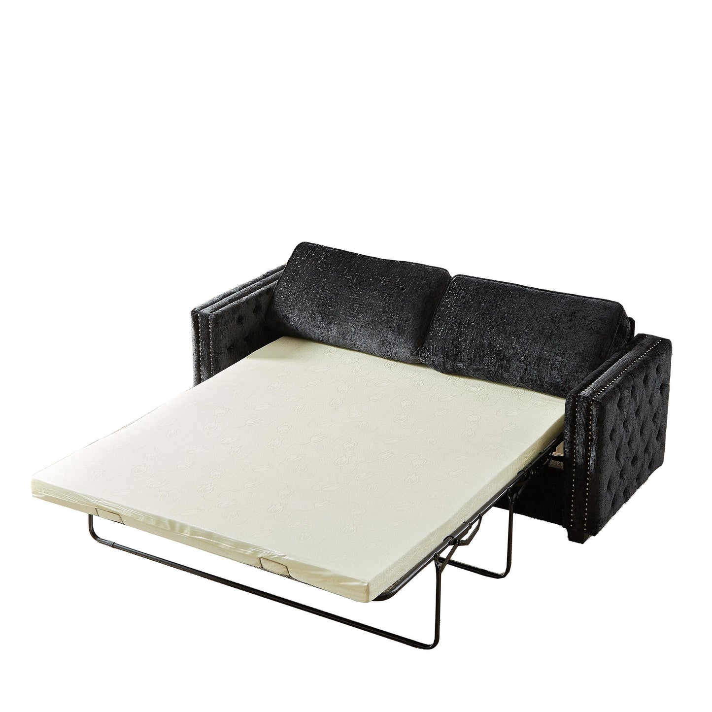 Black 81 Chenille Nailheads 3-seater Sleeper Sofa with Memory Foam Mattress for Living Room