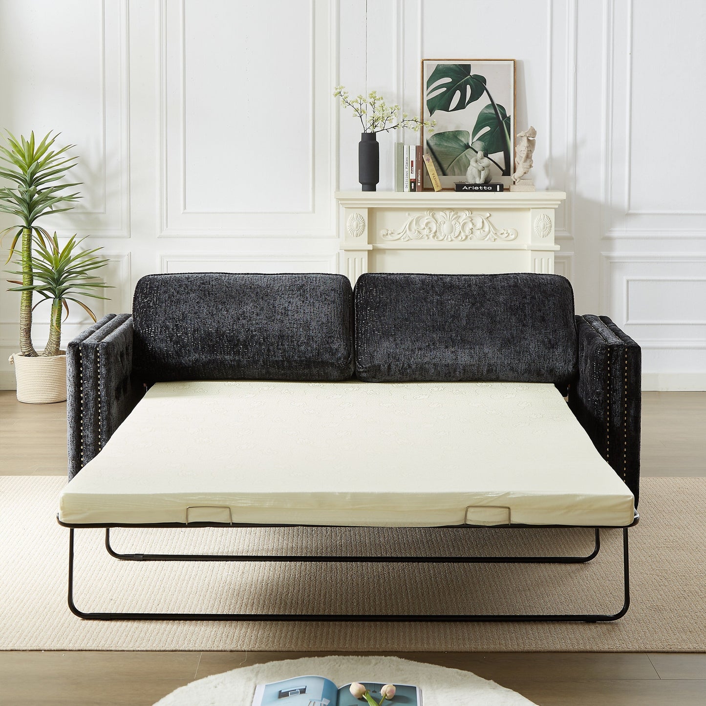 Black 81 Chenille Nailheads 3-seater Sleeper Sofa with Memory Foam Mattress for Living Room