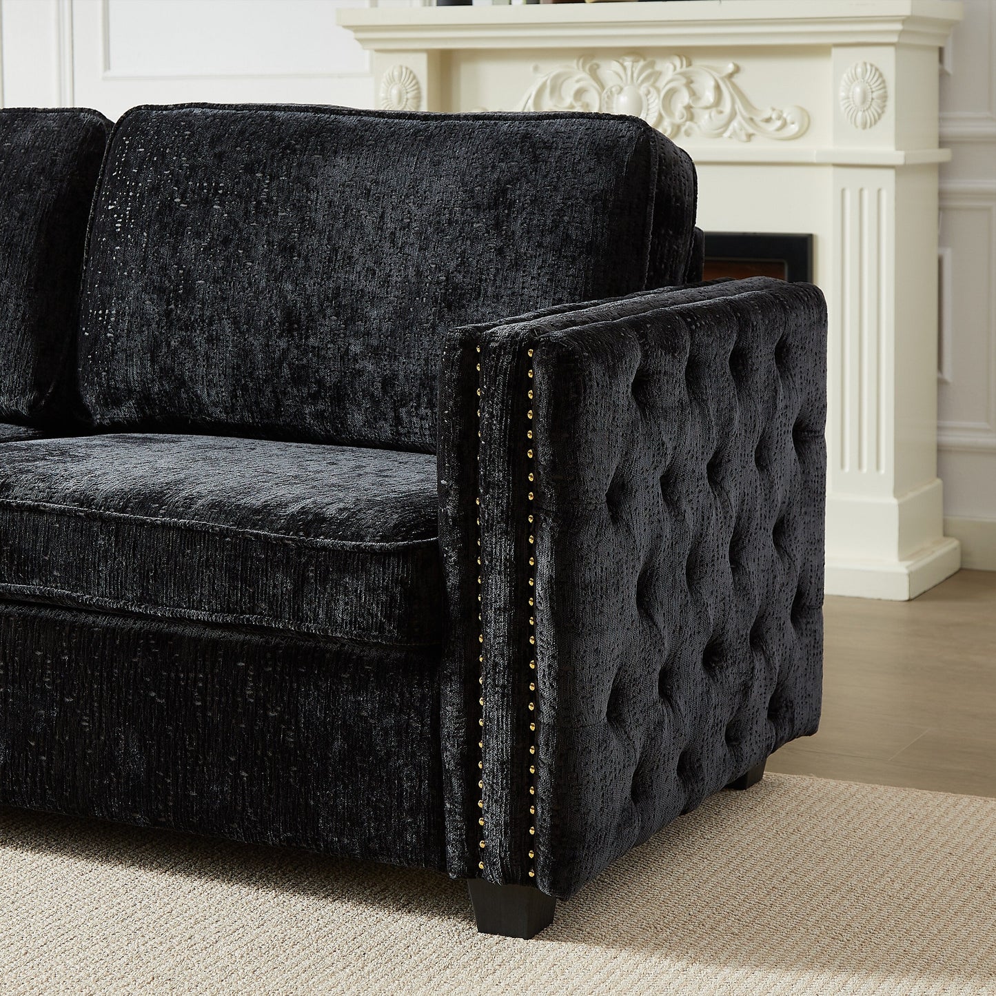 Black 81 Chenille Nailheads 3-seater Sleeper Sofa with Memory Foam Mattress for Living Room