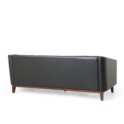 Black 81'' PU Leather 3-Seater Sofa with Tufted Back and Solid Wood Legs