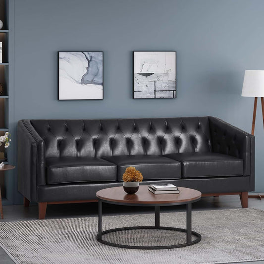 Black 81'' PU Leather 3-Seater Sofa with Tufted Back and Solid Wood Legs