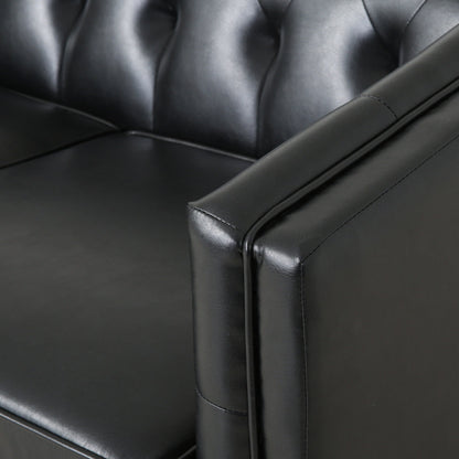 Black 81'' PU Leather 3-Seater Sofa with Tufted Back and Solid Wood Legs